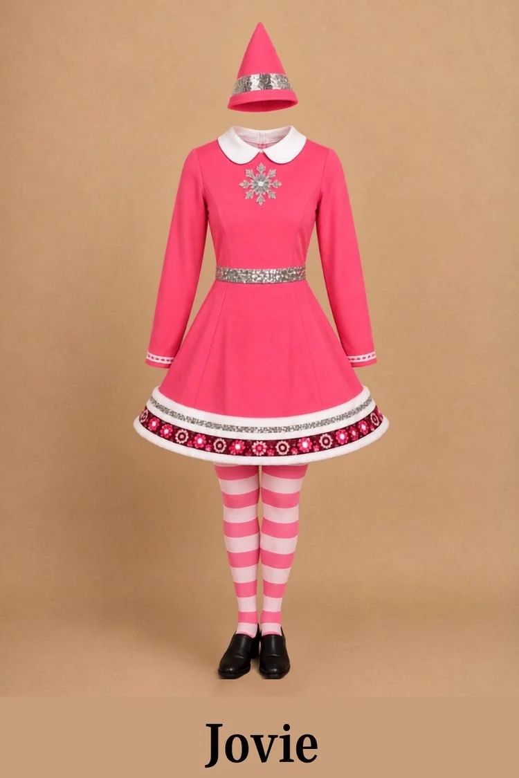 Jovie costume for Elf the Musical JR featuring a pink dress with white collar, silver belt, decorative trim, pink and white striped tights, black shoes, and matching pink elf hat.