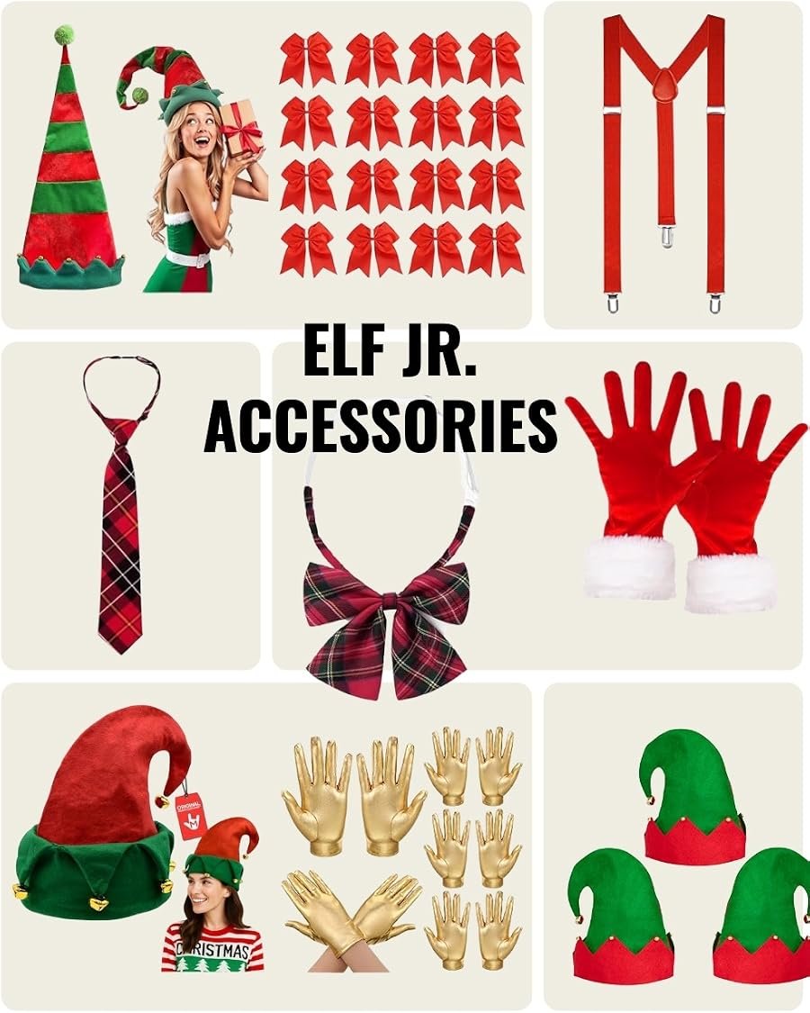 Elf Jr. the Musical costume accessories guide — striped elf hats with jingle bells, plaid bow ties and neckties for Macy's staff, red suspenders for Head Elf, Santa gloves, gold gloves for tap dancers and green elf hats. Complete accessories guide