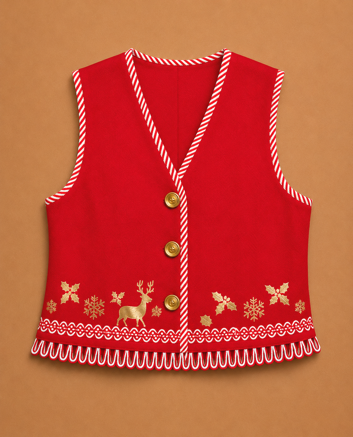 Red Nordic fair-isle elf vest with gold buttons, reindeer and snowflake embroidery, candy cane pom-pom trim — Elf Jr. the Musical workshop elf ensemble costume piece