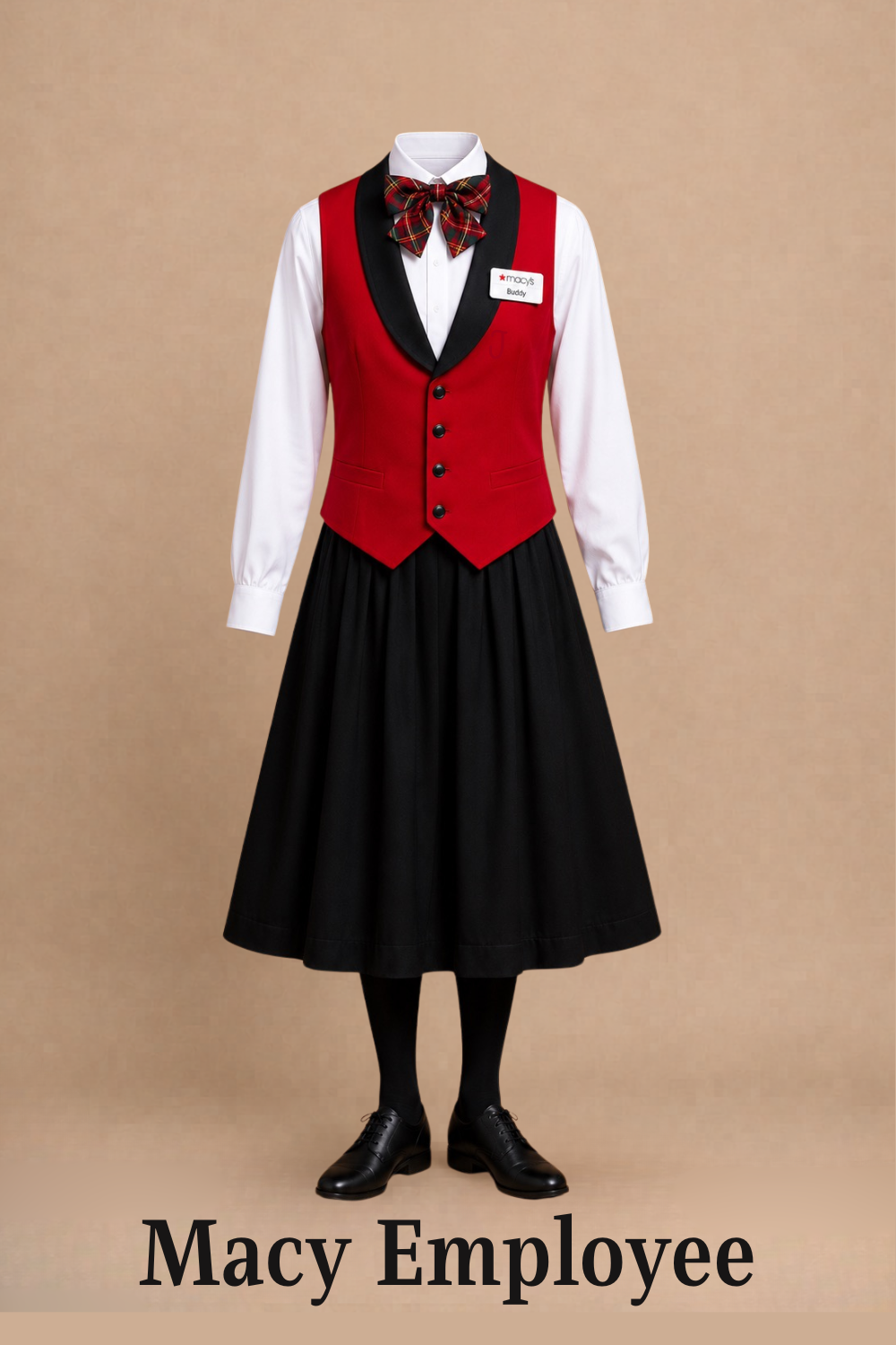 Macy's employee uniform including a white shirt, red vest, plaid bow tie, black skirt, and black shoes, with a name tag that says 'Buddy'. Elf the Musical