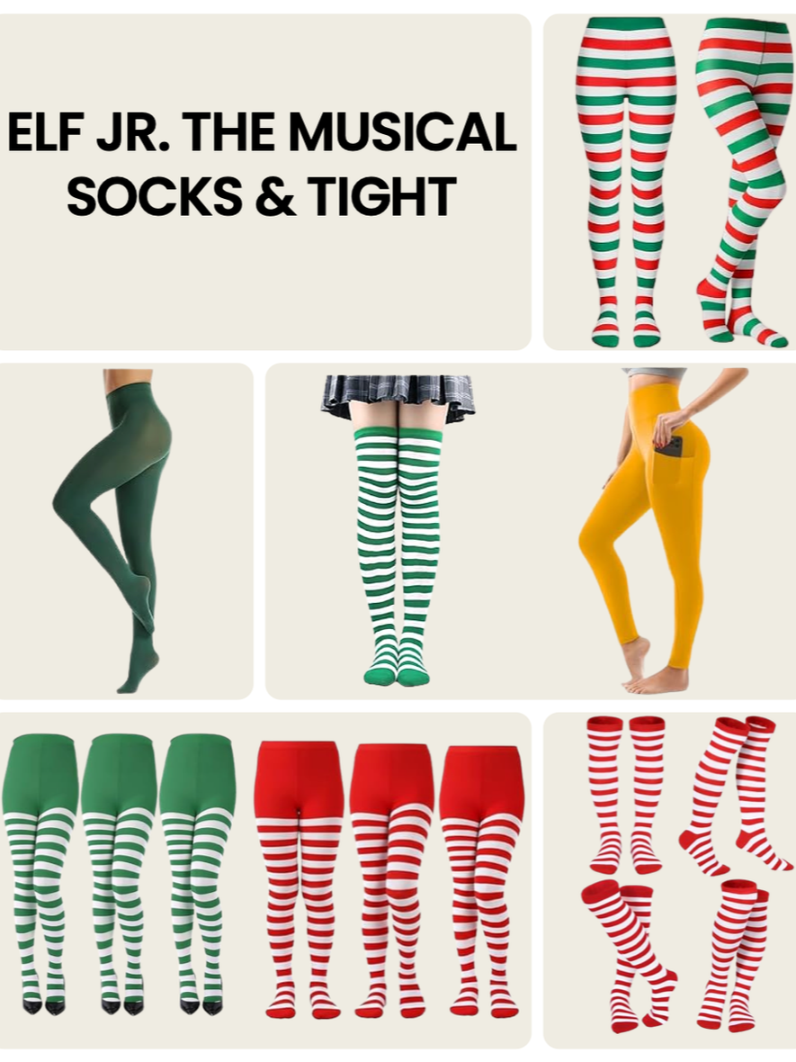 Elf Jr. the Musical costume tights and socks — red and white striped knee-highs, green and white striped thigh-highs, and festive holiday tights in red, white, and green stripe patterns. Complete sock and tight guide for school theater production.