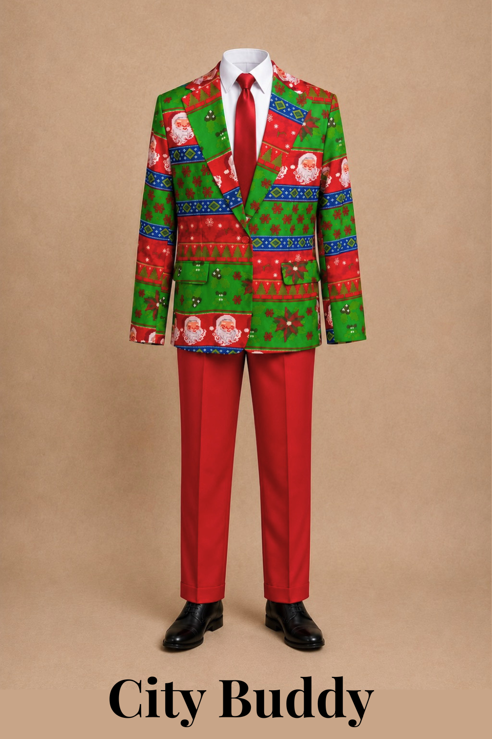 A man wearing a festive Christmas themed suit with a jacket featuring Santa Claus, reindeer, snowflakes, presents, and gingerbread men, paired with red pants, a white shirt, red tie, and black shoes. Costume for Buddy Elf Jr. the Musical.