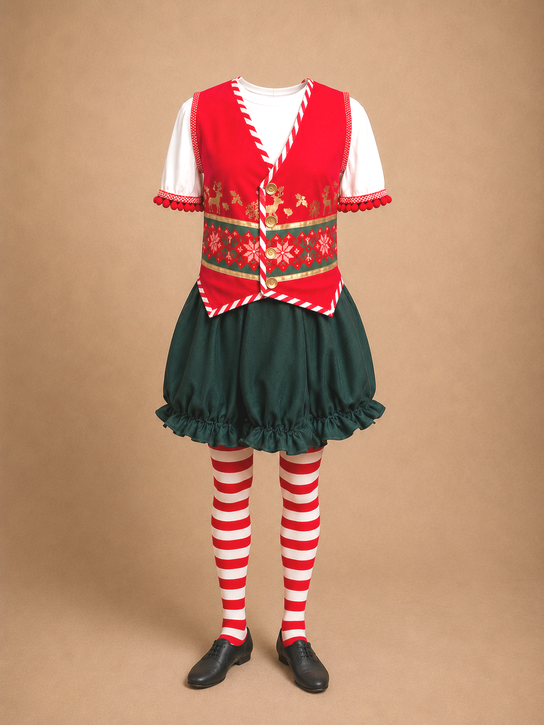 Complete Elf Jr. the Musical costume on a mannequin: a red holiday-embroidered vest layered over a white t-shirt, dark green bloomer shorts, red and white striped tights, and black shoes. A full DIY ensemble look for school and community theater elf