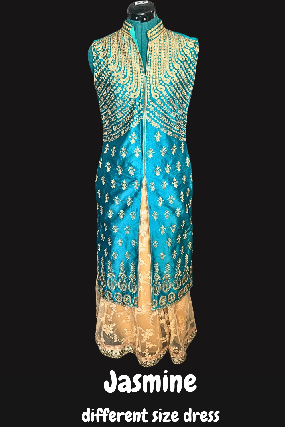 Princess Jasmine costume for Aladdin Jr with turquoise dress, detailed gold embroidery, and sheer gold underskirt for school musical production.