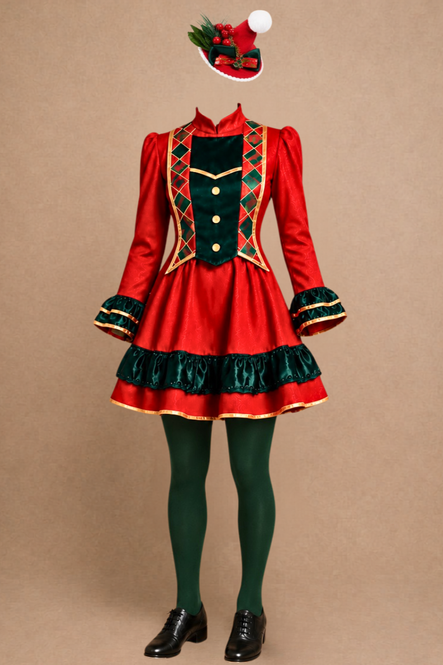 A mannequin dressed in a red and green Christmas-themed costume, with a Santa hat floating above its head. Macy's Tap Dancer costume for Elf Jr. the Musical — red and green Christmas dress with Santa hat. Budget-friendly school theater production.