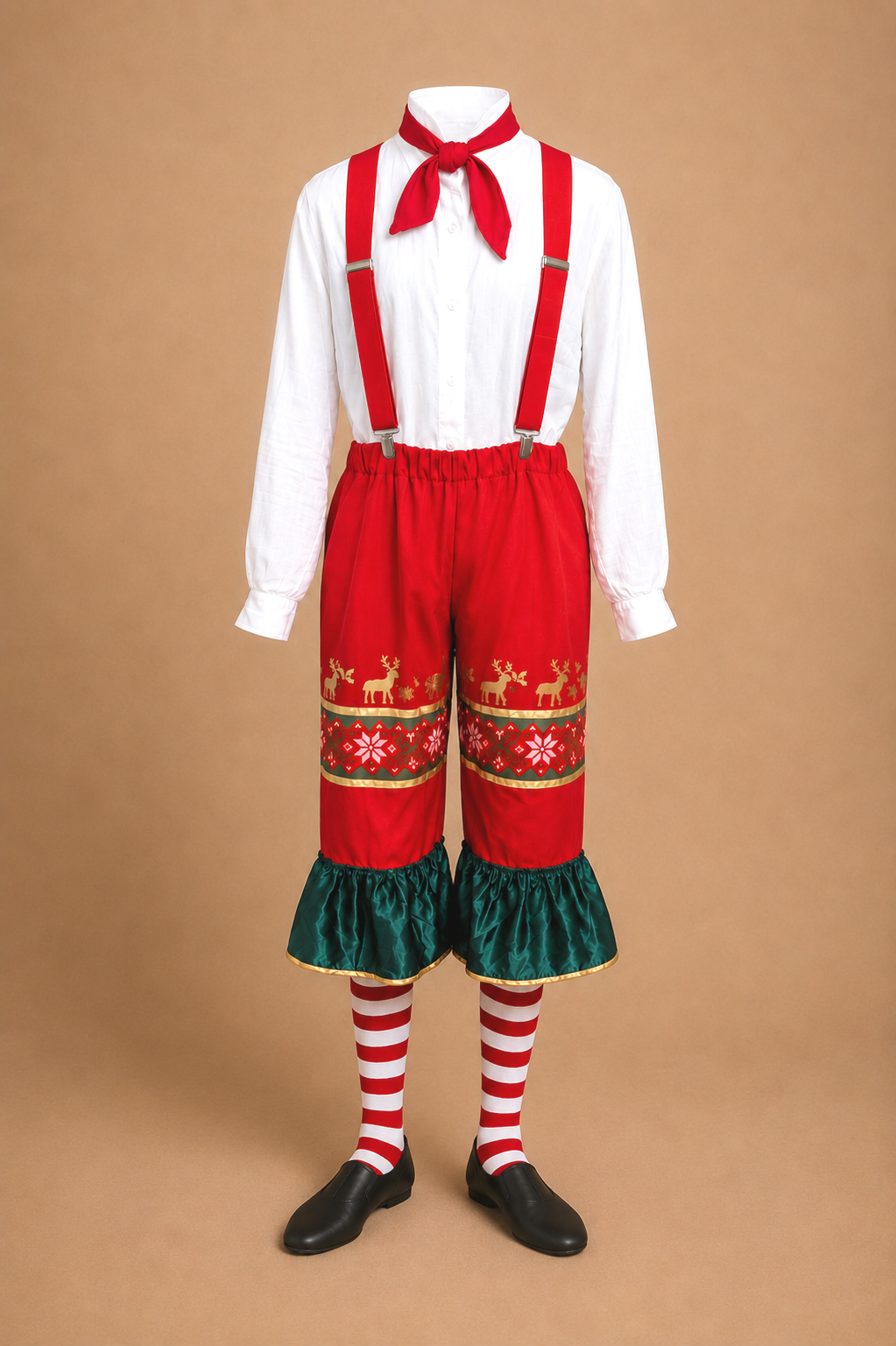 Head Elf costume for Elf Jr. the Musical — white shirt with red suspenders and scarf, red Nordic knicker pants with green ruffled cuffs, red and white striped socks and black shoes