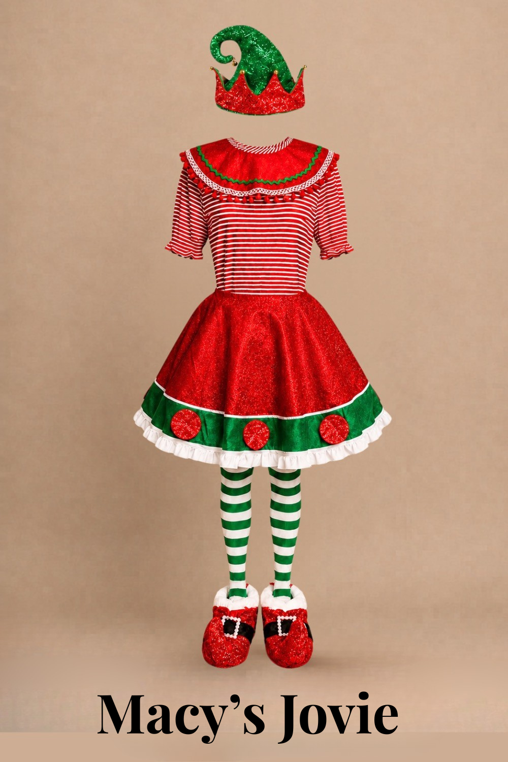 Jovie Macy's employee costume for Elf Jr. the Musical — red and white striped top, red glitter skirt with green accents, green and white striped tights, red shoes with white trim, and green elf hat. School theater production costume.