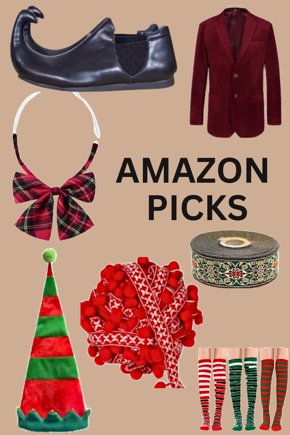 Elf Jr. the Musical Amazon costume picks — red velvet blazer, striped elf socks, plaid bow headband, elf hat, decorative ribbon, and red pom-pom trim. Complete costume and accessory guide for school theater productions at sewstylestage.com