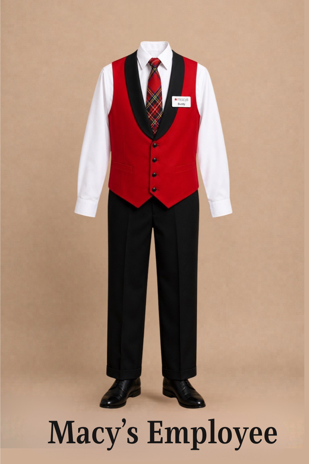 Macy's male employee costume for Elf Jr. the Musical — white shirt, red vest with black lapels, tartan tie, black trousers, and black shoes. Budget-friendly school theater costume.