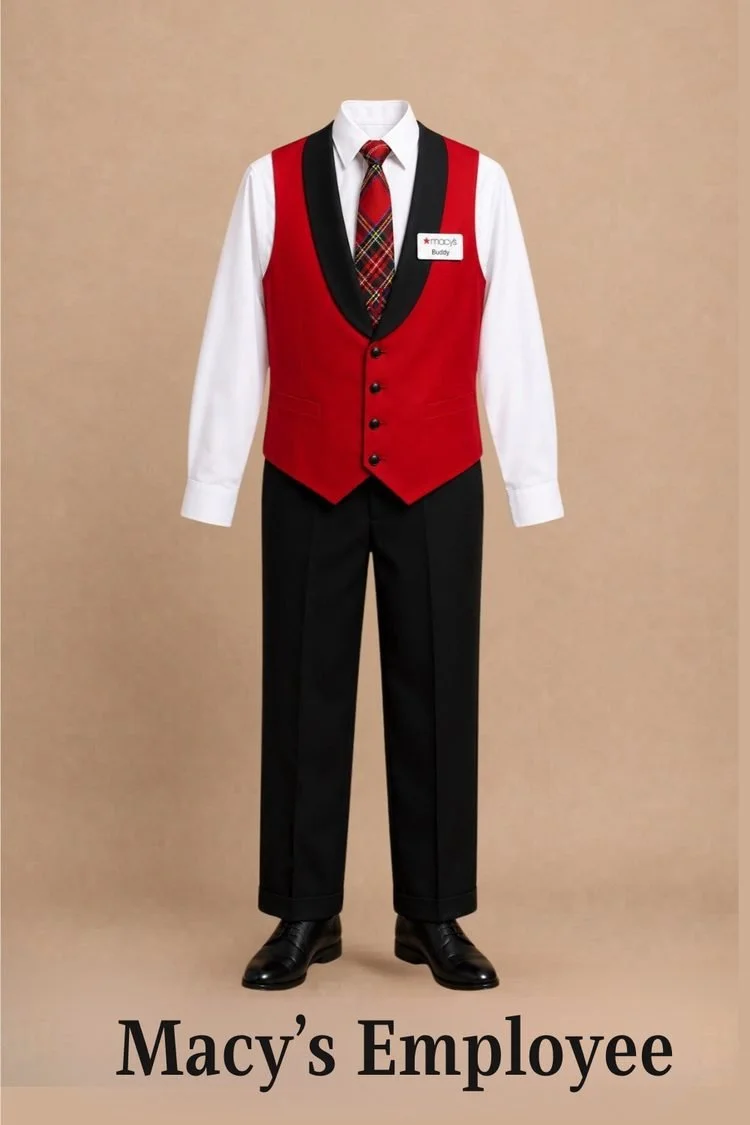 Macy's employee costume for Elf the Musical JR featuring a white shirt, red vest, plaid tie, black pants, black shoes, and employee name badge.
