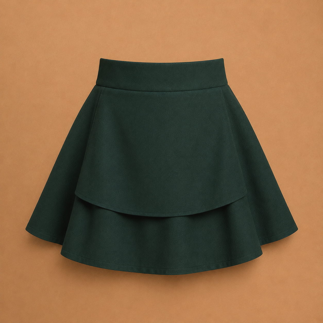 Dark green A-line layered ruffle skirt — versatile circle skirt pattern used for Elf Jr. the Musical workshop elf ensemble. School theater costume bottom piece