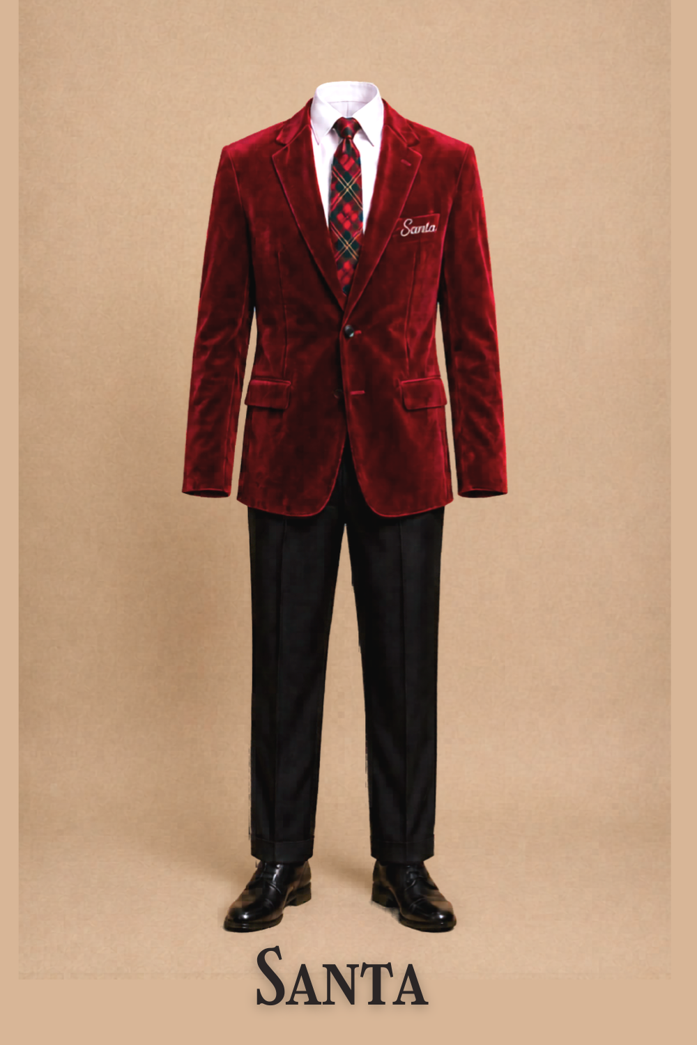 Santa Claus business attire costume for Elf Jr. the Musical — red velvet blazer, white shirt, plaid tie, and black pants. Off-duty Santa look for school theater production.