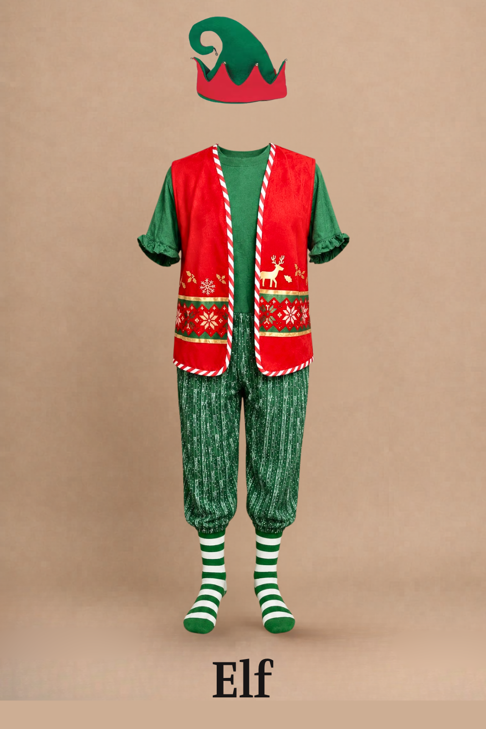 An elf costume displayed against a neutral background. The costume includes green and white striped socks, green patterned pants, a green shirt, a red vest with Christmas motifs, and a red and green elf hat. Elf the Musical