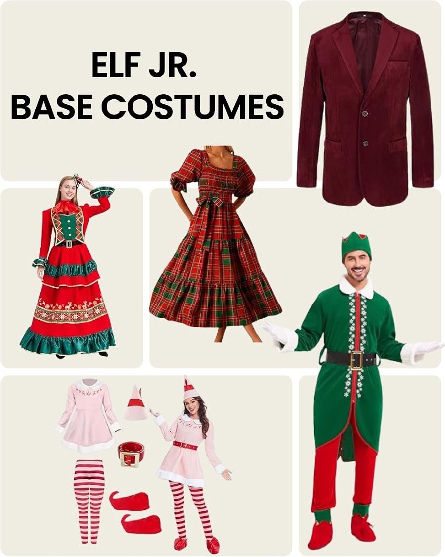 Elf Jr. the Musical base Amazon costumes — burgundy velvet blazer for Santa business attire, red green plaid dress for Mrs. Claus, green Buddy elf costume, red holiday gown, and pink Jovie elf dress set. Budget-friendly starting points