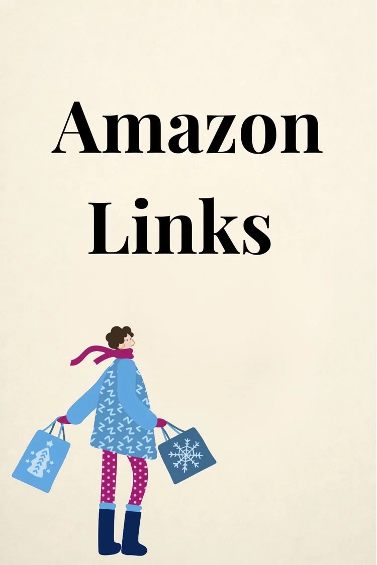 Amazon Costume Links – Website Graphic: Illustrated Amazon Links graphic featuring a woman carrying shopping bags, used to organize affordable costume supplies and clothing for school theater productions.