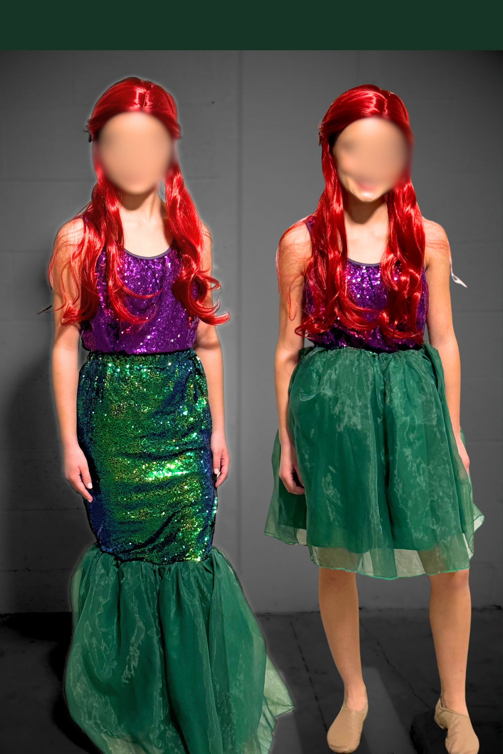 Amazon-purchased Ariel costume for a youth theater production, showing a quick-change design that transitions from a purple top and green mermaid tail to a knee-length green skirt for fast onstage changes.