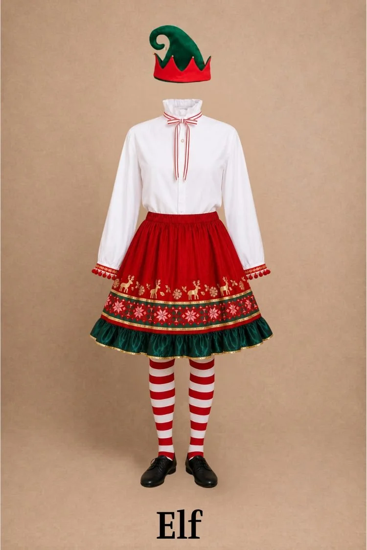 North Pole elf costume for Elf the Musical JR featuring a white shirt, striped bow tie, red Christmas-print skirt, red and white striped tights, black shoes, and green elf hat.