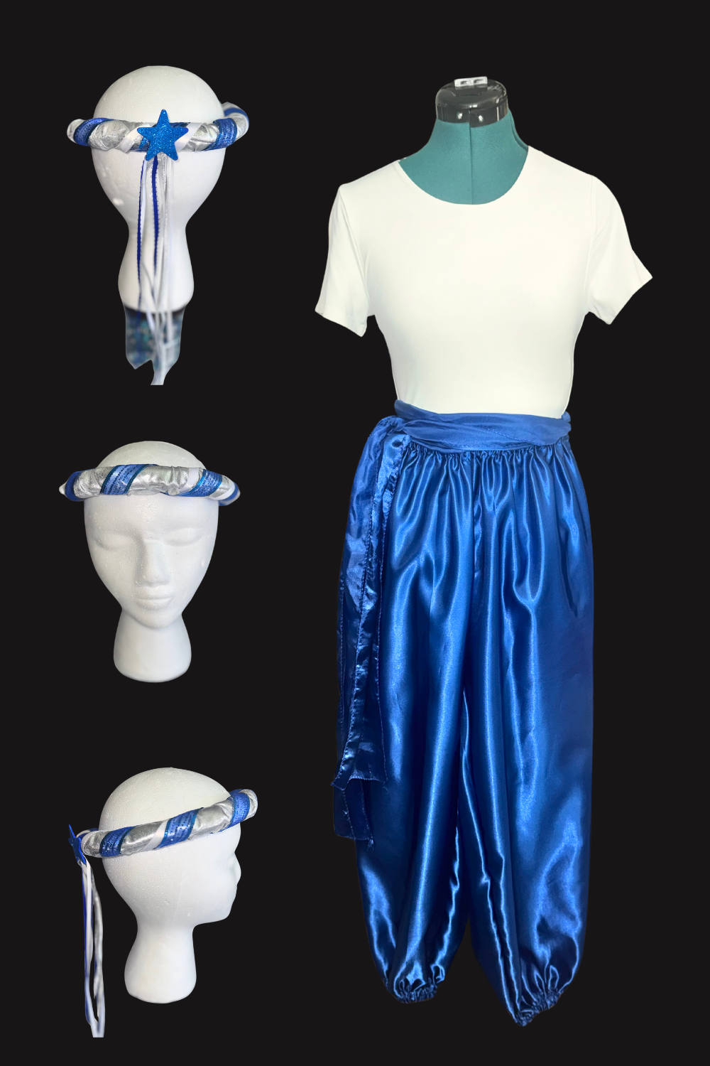 Genie assistants in the Cave of Wonders scene in Aladdin Jr wearing blue satin pants, white tops, and matching braided headbands during a school musical performance.