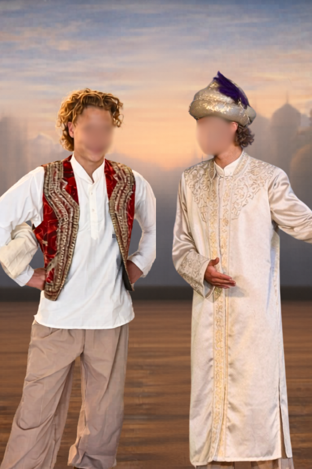 Aladdin and Prince Ali costumes for Aladdin Jr with red embroidered vest and white outfit alongside cream tunic with gold trim and turban during a school musical performance scene.