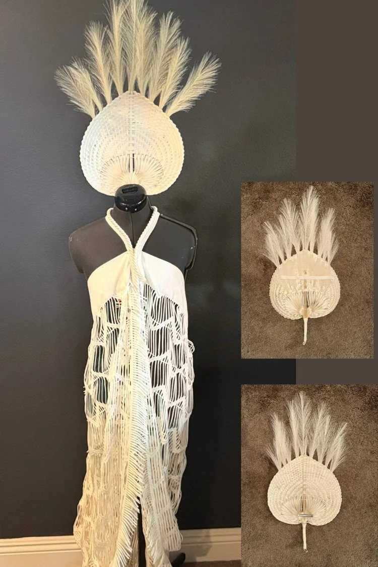 Lion King JR. Grassland Costume: Cream-colored theatrical bird costume featuring a woven-texture dress, decorative collar, and oversized white feather-inspired headdress, displayed on a mannequin with additional headpiece views.