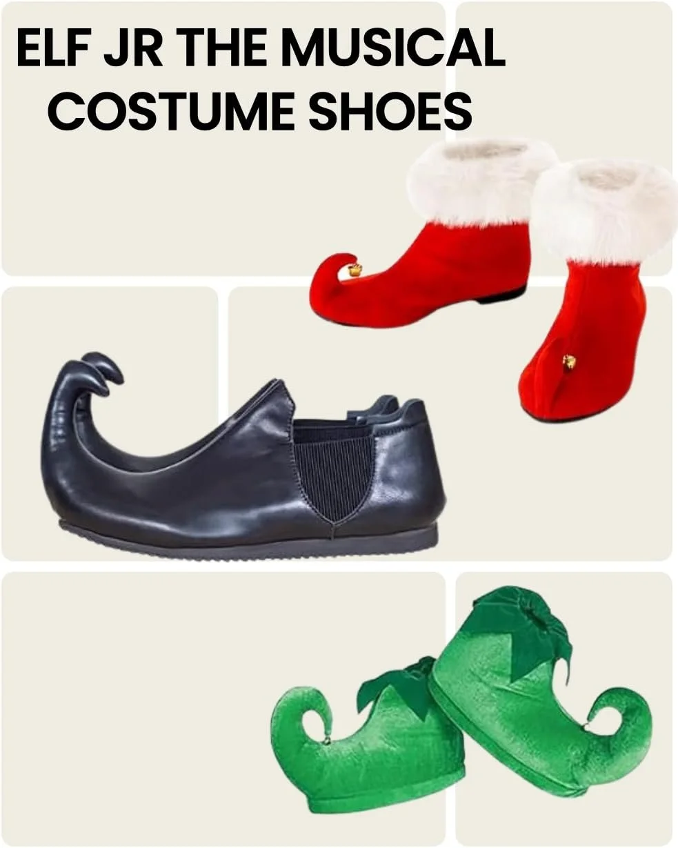 Elf Jr. the Musical costume shoes guide — black curled-toe elf shoe for Buddy and Head Elf, red velvet elf boot with white fur trim and jingle bell for ensemble elves and green velvet curled-toe slipper. Complete shoe guide for school theater program