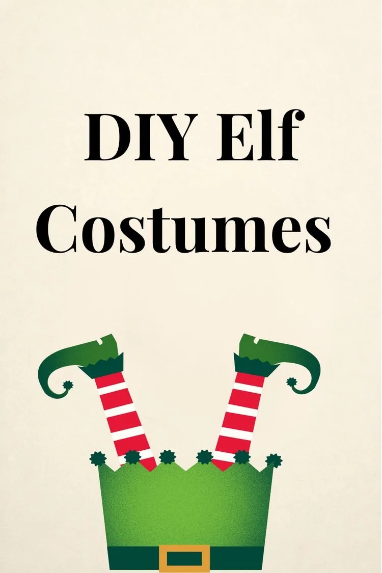 DIY Elf Costumes – Website Graphic: Illustrated DIY Elf Costumes graphic featuring red and white striped stockings, green elf shoes, and a festive Christmas-themed design.