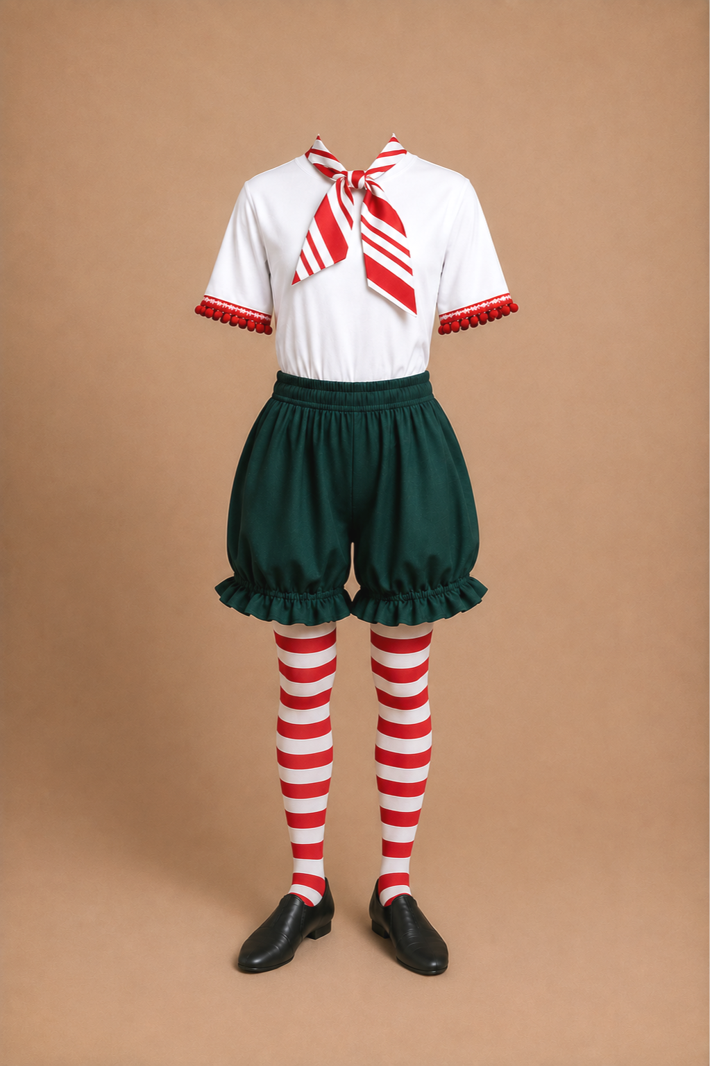 Workshop elf ensemble costume for Elf Jr. the Musical — white blouse with red pom-pom trim, green ruffled shorts, candy stripe scarf, red and white striped tights. Mix and match large cast school theater