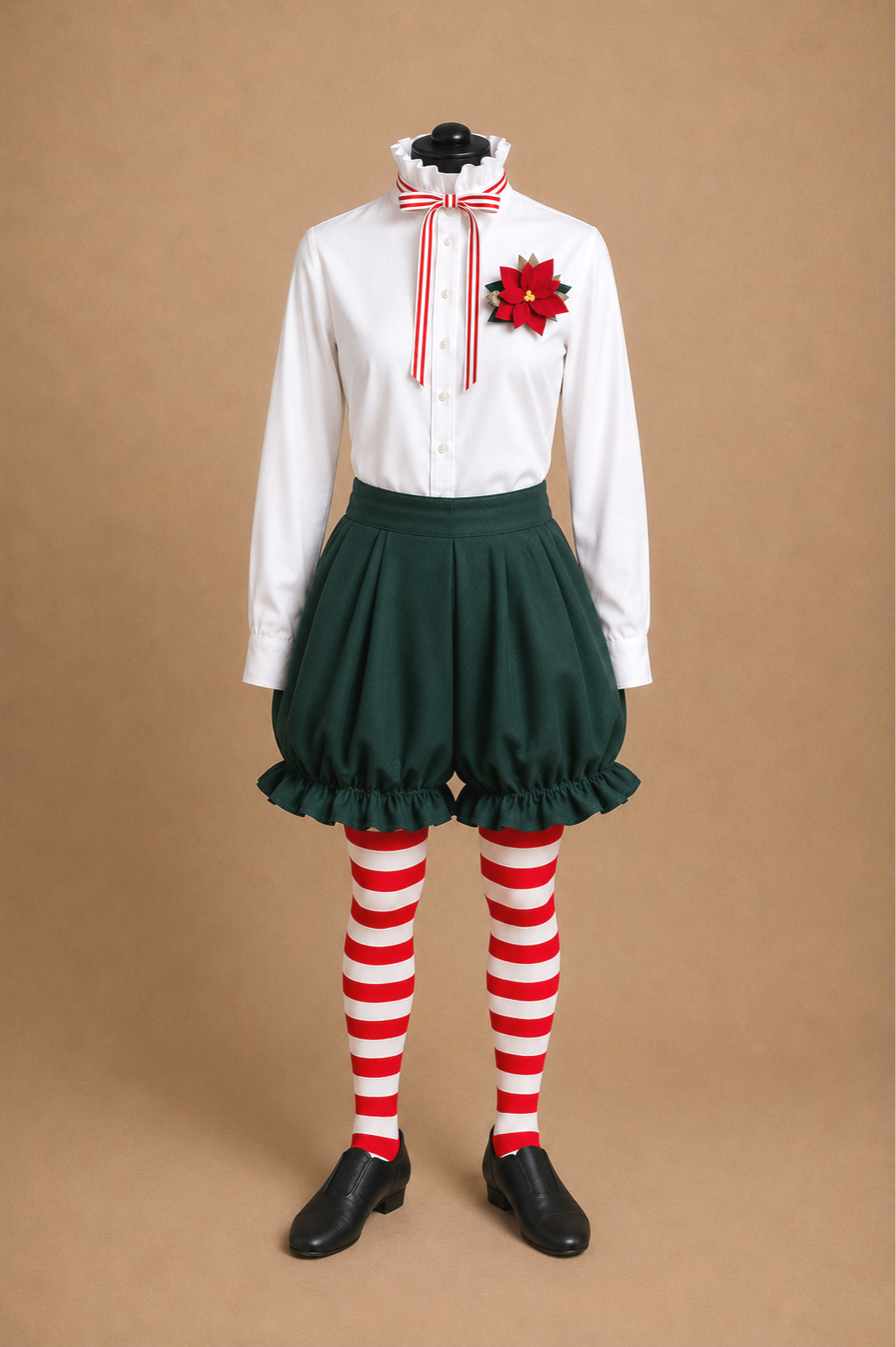 Elf Jr. the Musical costume on a mannequin: a white long-sleeve shirt with a red floral accent at the collar, dark green puffed shorts, red and white striped leggings, and black shoes. A simple DIY elf ensemble look for school and community theater