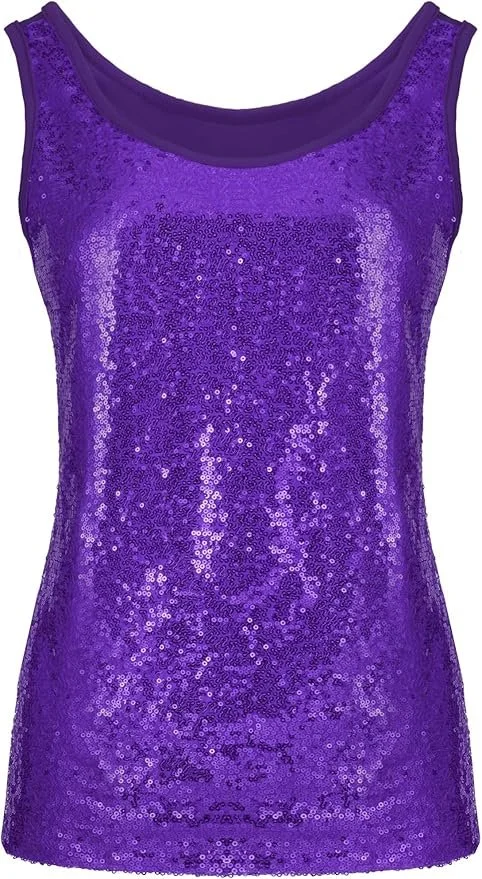 Amazon-purchased purple sequined tank top used for an Ariel costume, providing a simple, lightweight base layer that pairs easily with a mermaid skirt or human outfit for quick onstage changes.