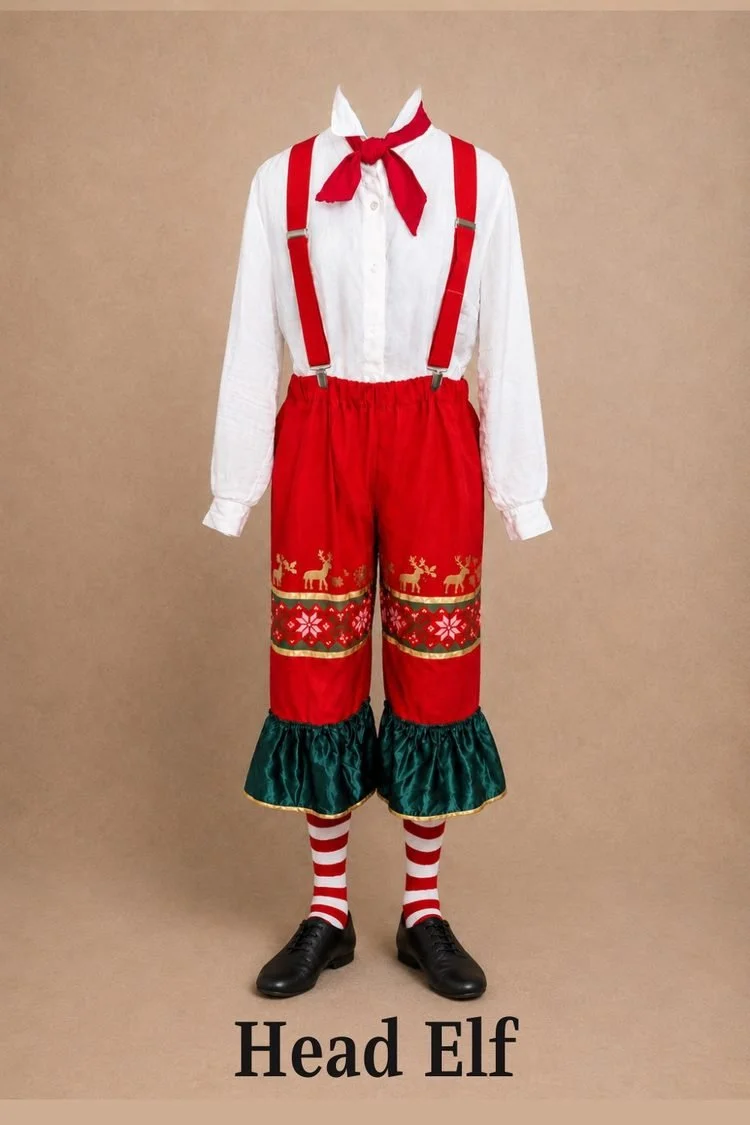 Head Elf costume for Elf the Musical JR featuring a white shirt, red suspenders, red patterned pants, striped Christmas socks, and black shoes.