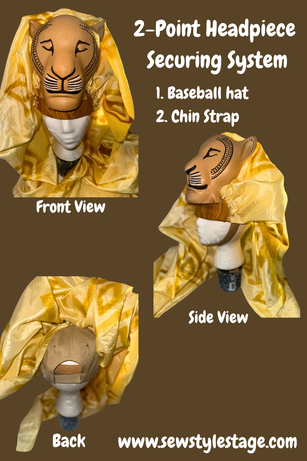 Display of a 2-point headpiece securing system for costumes featuring a lion mask and yellow satin cape, with front, side, and back views, labeled for application use.