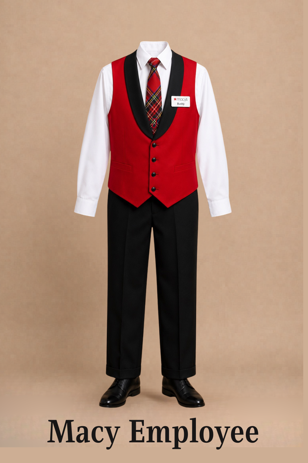 A Macy's employee uniform displayed on a mannequin, consisting of a white dress shirt, a red vest with black trim, a plaid tie, black dress pants, and black shoes, with a name tag that reads 'Buddy'. Elf the Musical