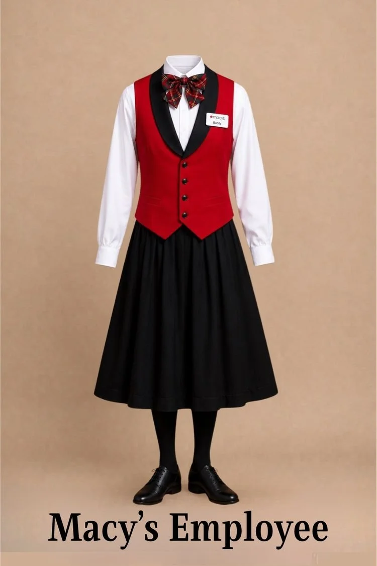 Macy's employee costume for Elf the Musical JR featuring a white shirt, red vest, plaid bow tie, black skirt, black tights, and employee name badge.