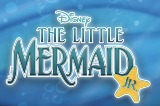 Disney’s The Little Mermaid JR show logo with teal lettering on a blue underwater background, featuring a yellow starfish labeled “JR,” commonly used to represent the youth stage adaptation.