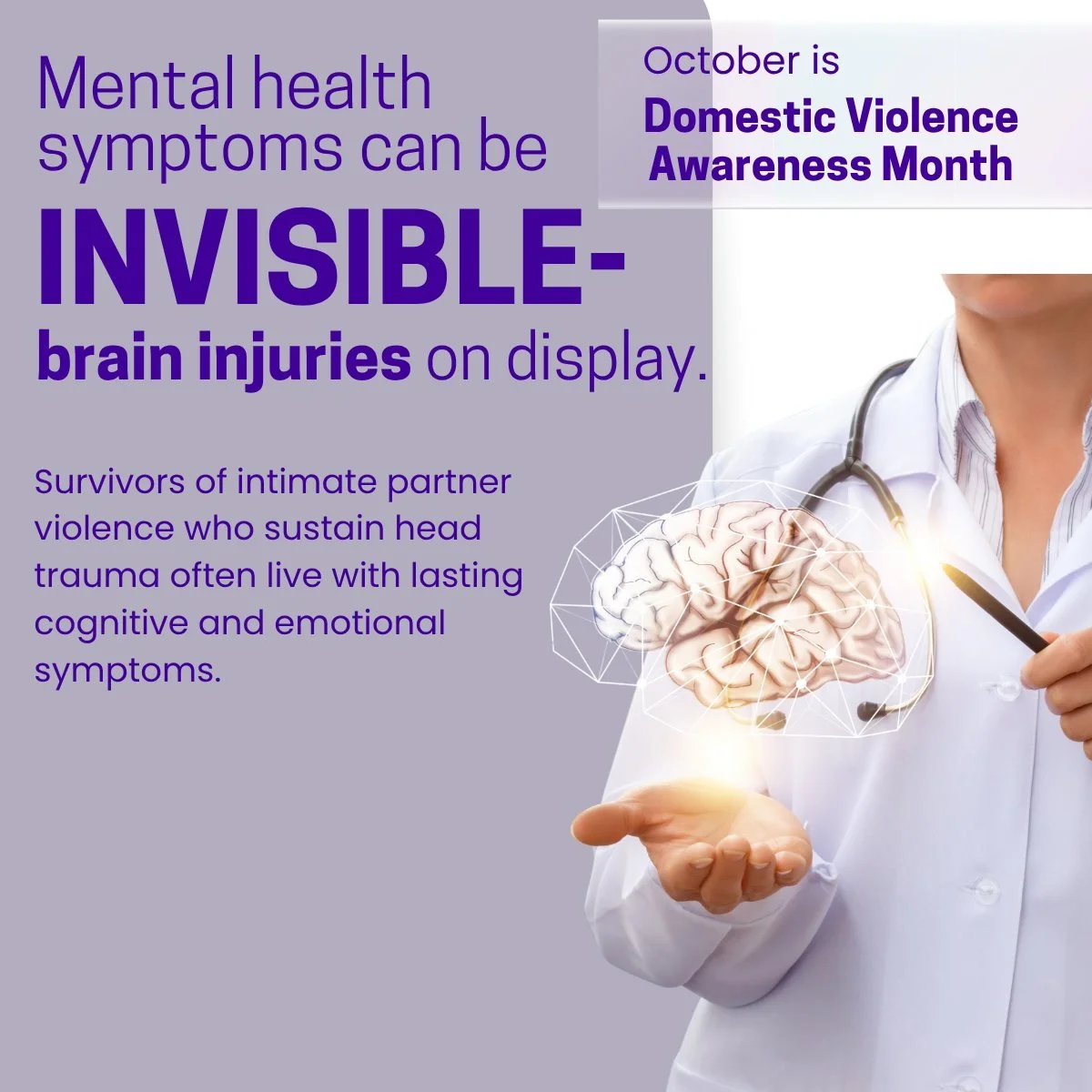 💔 Mental health symptoms are often symptoms of brain injury.

In domestic violence, research shows that 30&ndash;74% of survivors experience at least one concussion/traumatic brain injury (TBI)&mdash;many from repeated hits to the head or strangulat