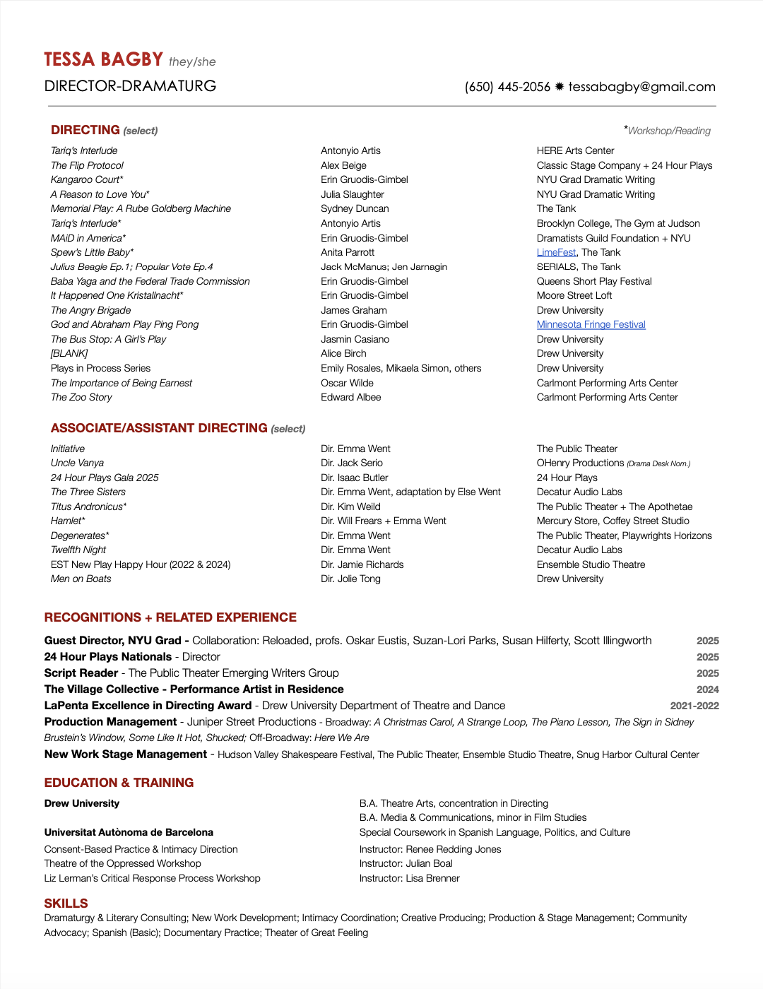 A professional resume or curriculum vitae for Tessa Bagby, including contact information, a list of directing roles, assistant directing roles, recognitions, collaborations, and education in theater and film.