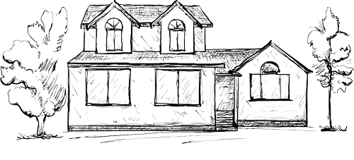Hand-drawn sketch of a house representing real estate development design by Ivory & Bone Interiors