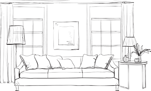 Hand-drawn sketch of a living room representing residential interior design by Ivory & Bone Interiors
