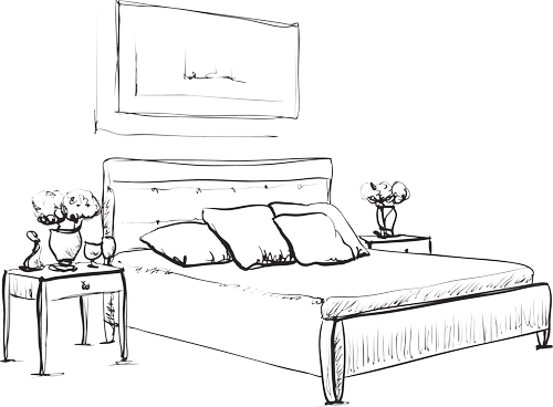 Hand-drawn sketch of a bedroom representing room design by Ivory & Bone Interiors