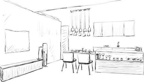 Hand-drawn sketch of a café interior representing commercial interior design by Ivory & Bone Interiors
