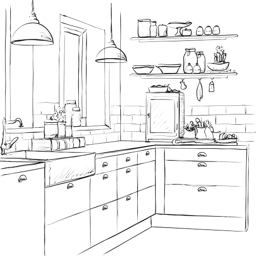 Hand-drawn sketch of a kitchen representing kitchen and bath design by Ivory & Bone Interiors