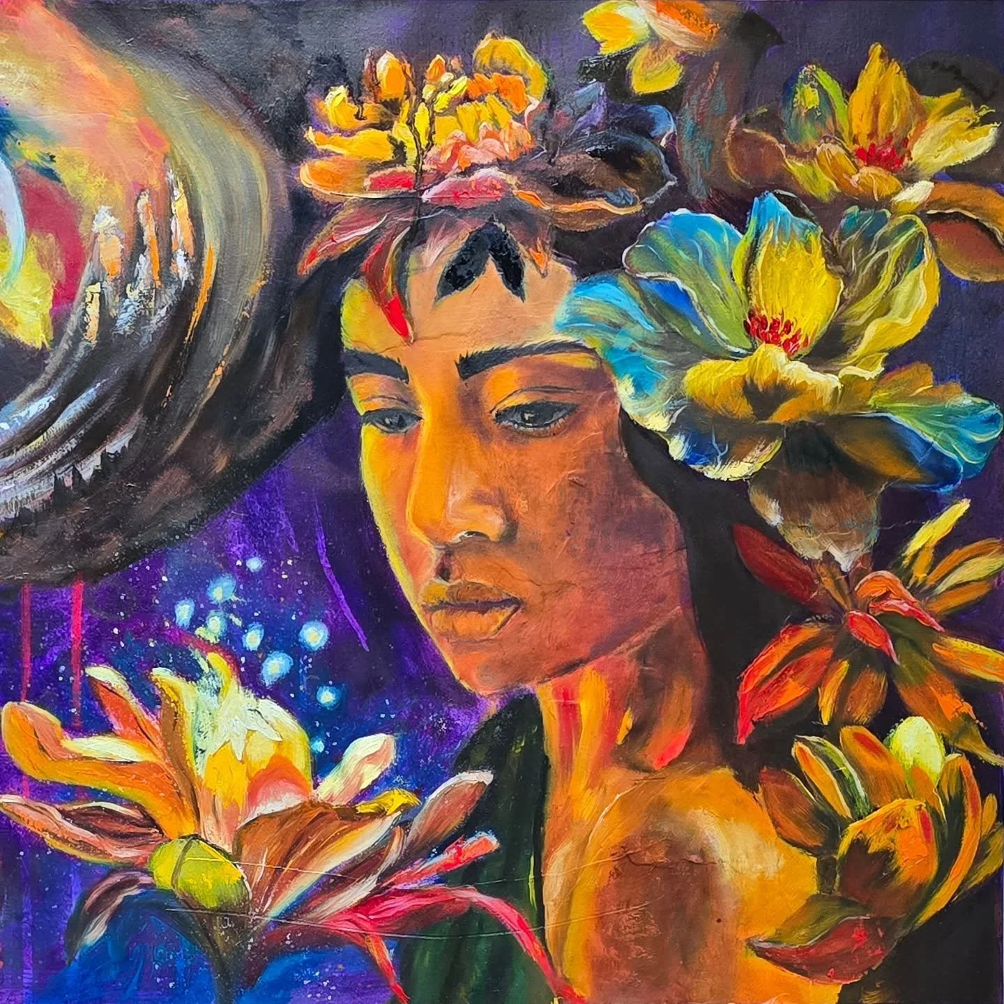 Every painting eventually finds the person who recognizes themselves inside it.

This one carries themes of inner worlds, possibilities, natural cycles, and the light that blooms after change.

What story do you see unfold in this painting?

#evelyne