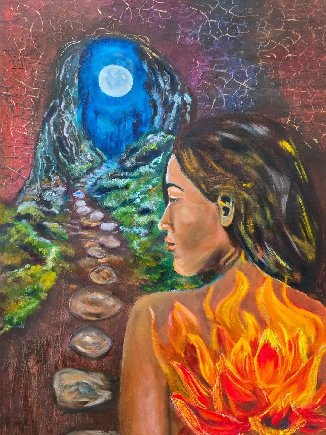 She does not walk because the path is clear.
She walks because the fire within her is lit.

There is something calling her from the other side of the portal. 

The stones beneath her feet are uneven.
The night holds mystery.
And still, she moves forw