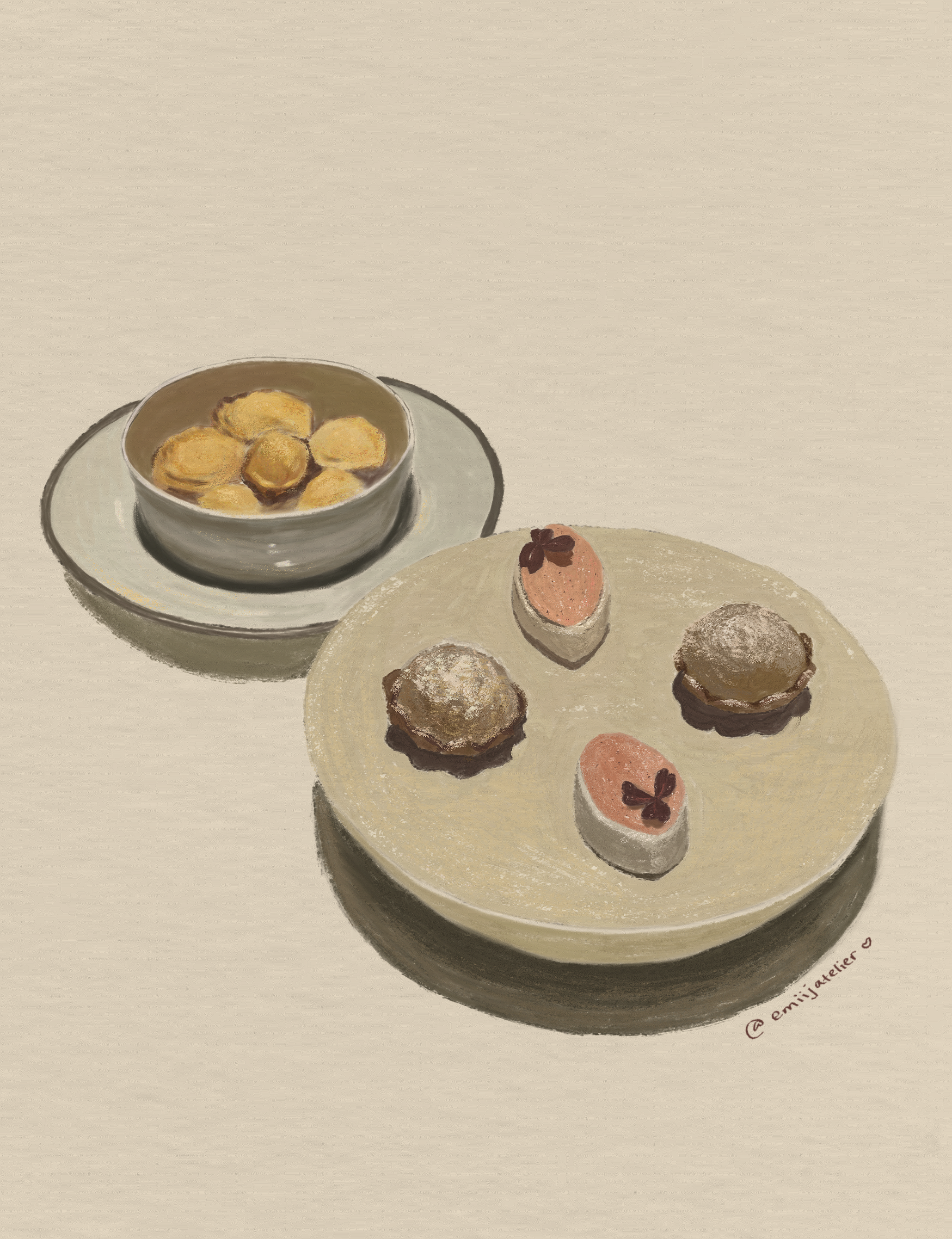 A painting of a dessert table with a bowl of cookies, a small cake topped with a cherry, and two mini tarts with pink filling and flower-shaped decorations.