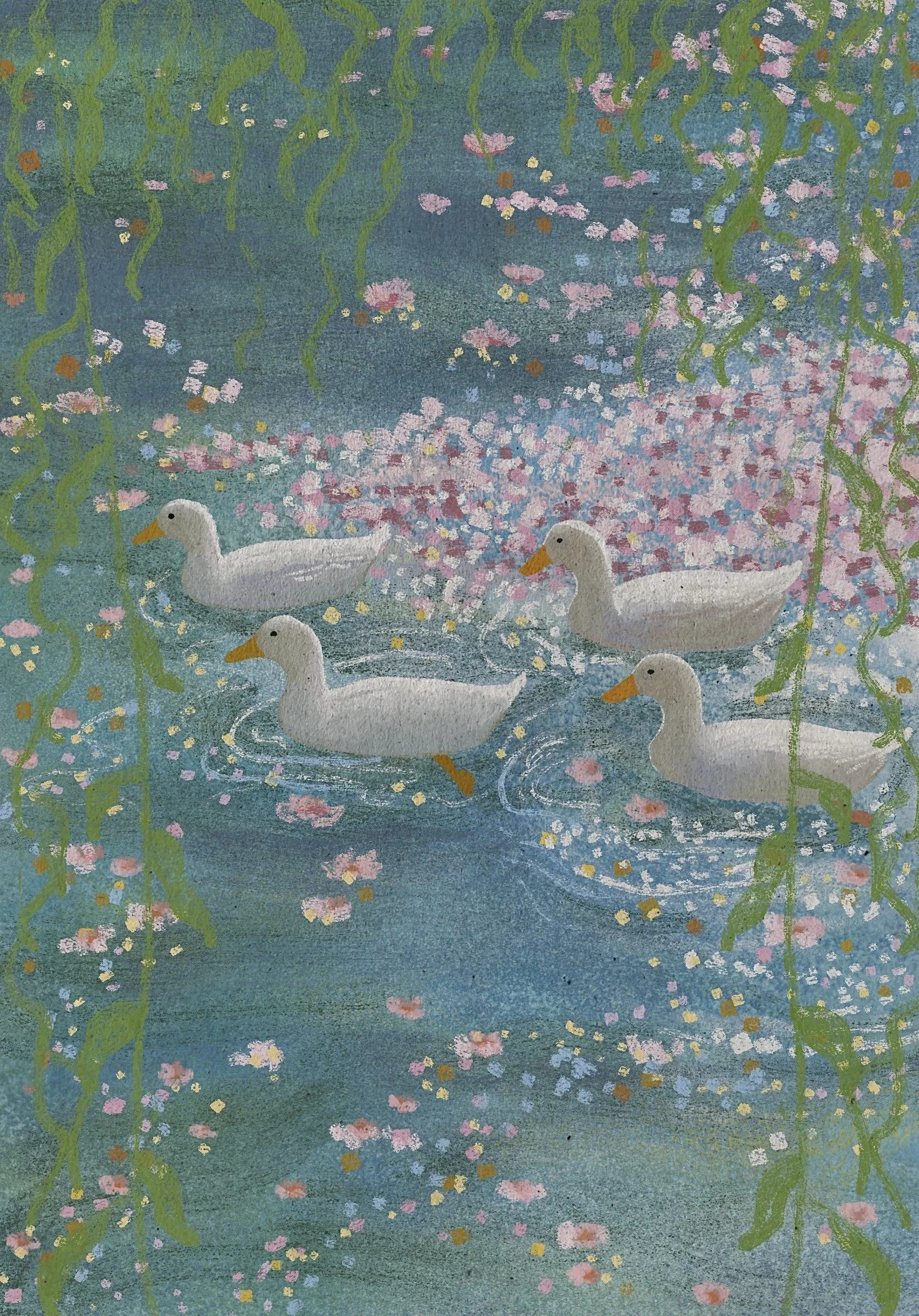 Illustration of four white geese swimming among pink flowers and green reeds in a blue pond