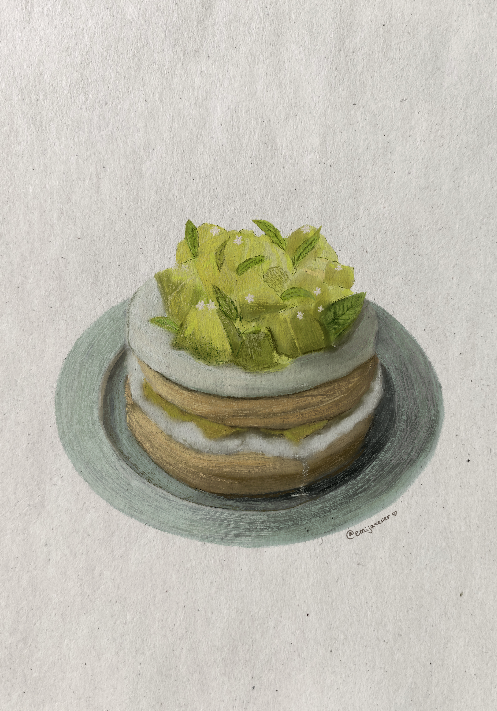 A watercolor painting of a small plant with green leaves and tiny white flowers, placed on a round, brown and gray pot.