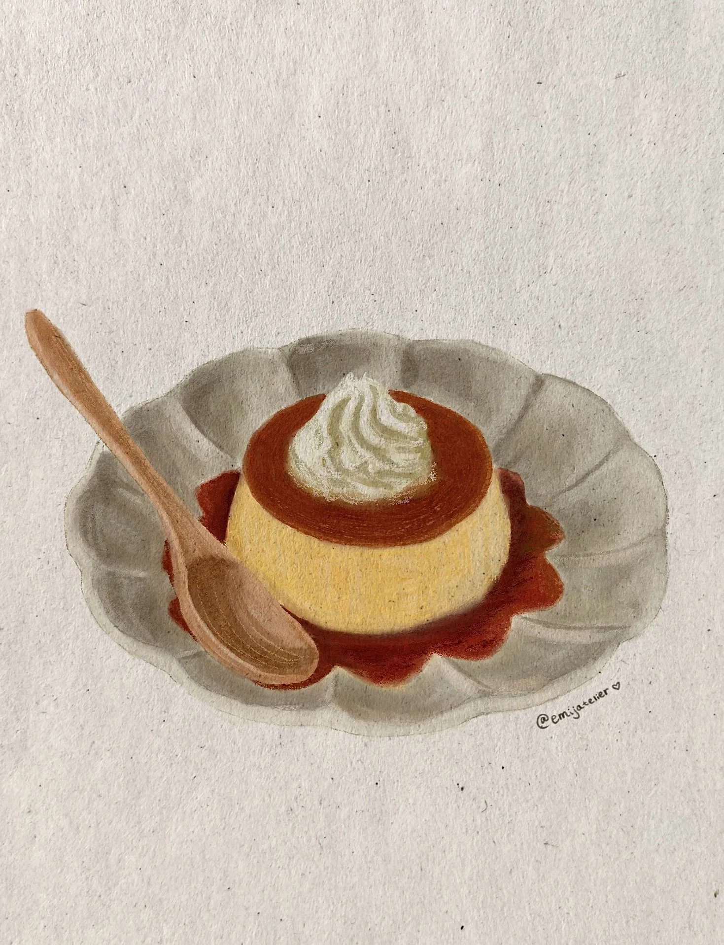 Hand-painted illustration of a cupcake with white frosting, caramel sauce, surrounded by red fruit sauce, on a white plate, with a wooden spoon on the side.