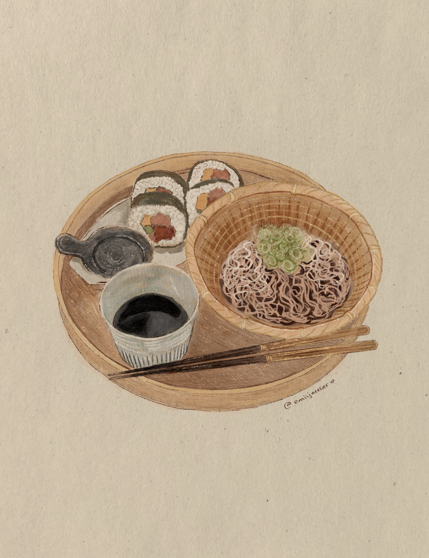 A watercolor painting of traditional Japanese food on a round wooden tray, including sushi rolls with seaweed, a bowl of soba noodles with green onions, soy sauce, and a small dish of dipping sauce, with chopsticks beside the tray.
