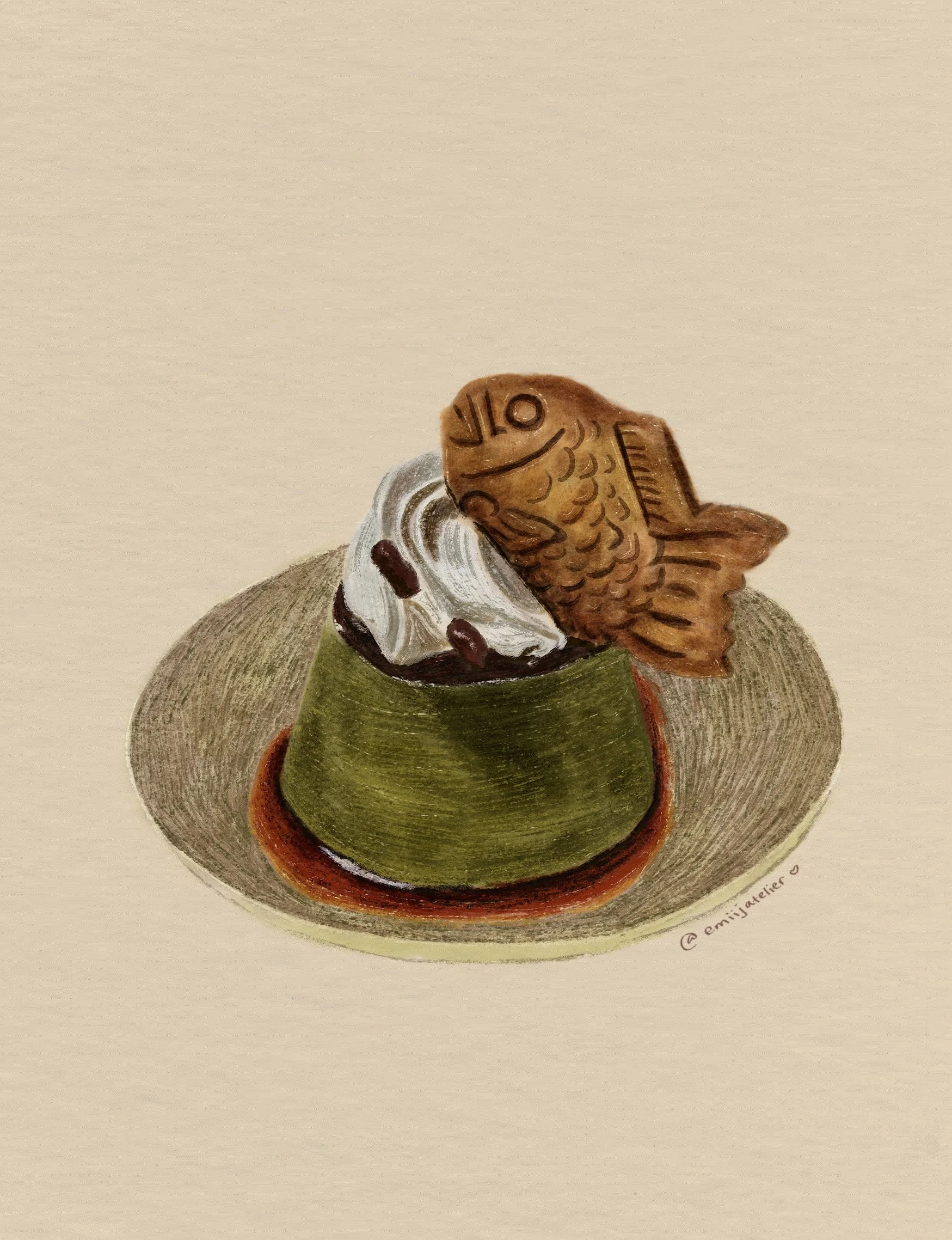 Painting of a fish-shaped pastry with the word 'JOT' on it, placed on whipped cream and garnished with chocolate. The pastry is in a green bowl on a beige plate.
