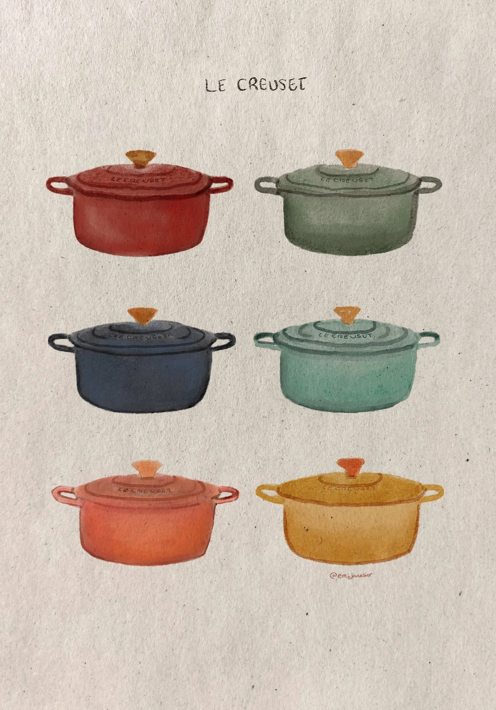 Watercolor illustration of six colorful Le Creuset pots with lids, arranged in two rows on a white background.